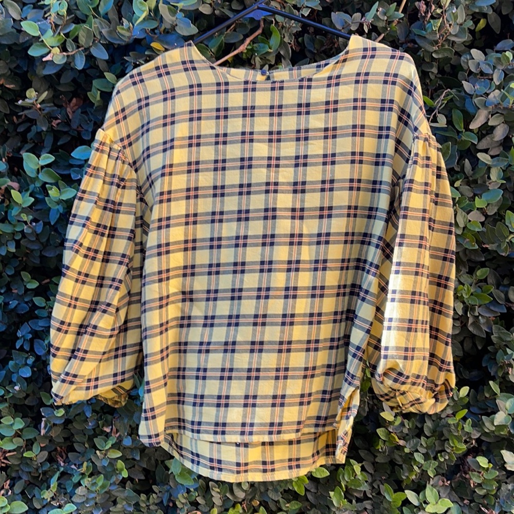 🖤 Zara Yellow, Black, and Red Plaid, Scoop Neck, 3/4 Puff Sleeve 💯 Cotton 💛